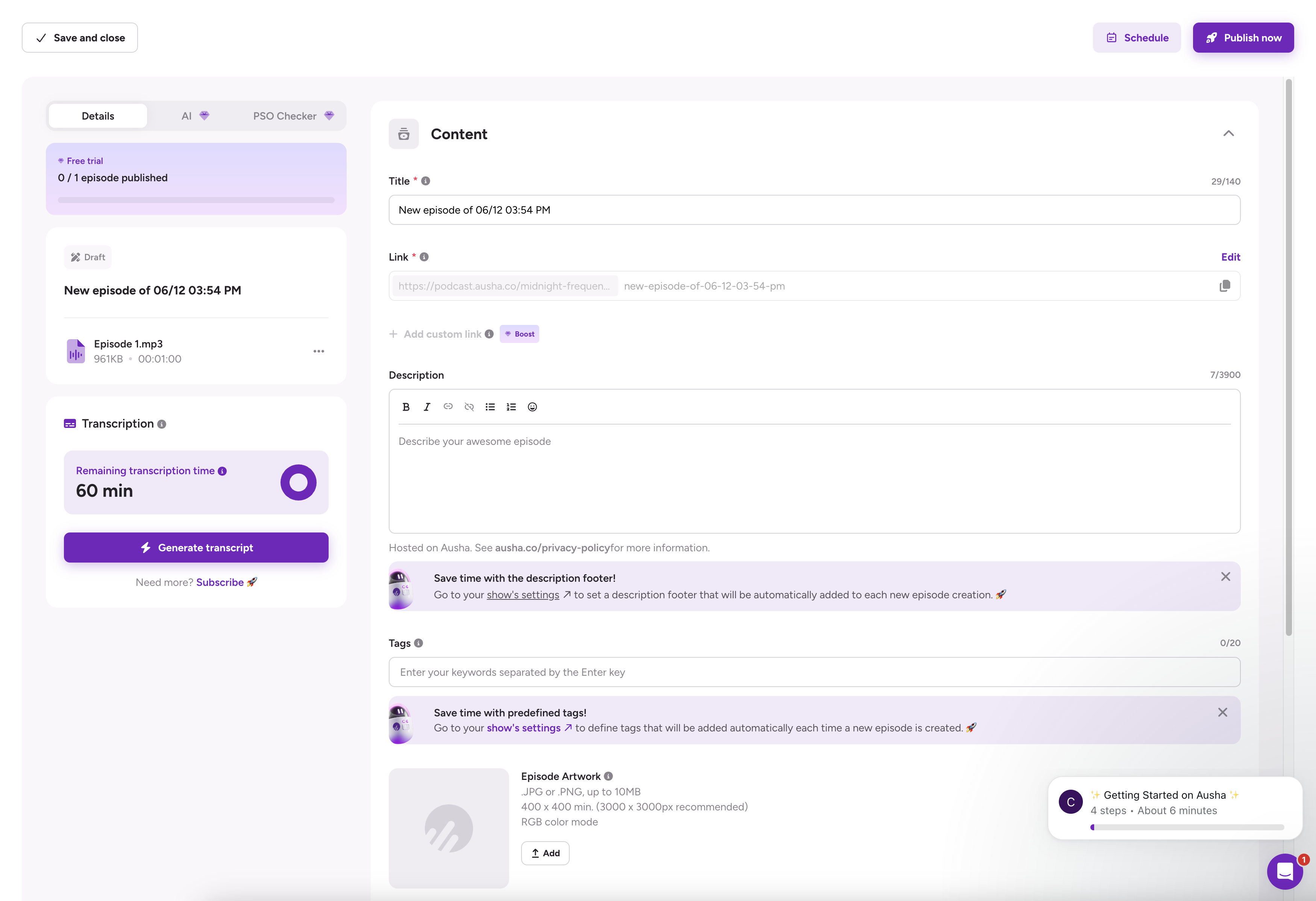 Editing an episode in Ausha, with built-in AI, PSO, and transcription tools