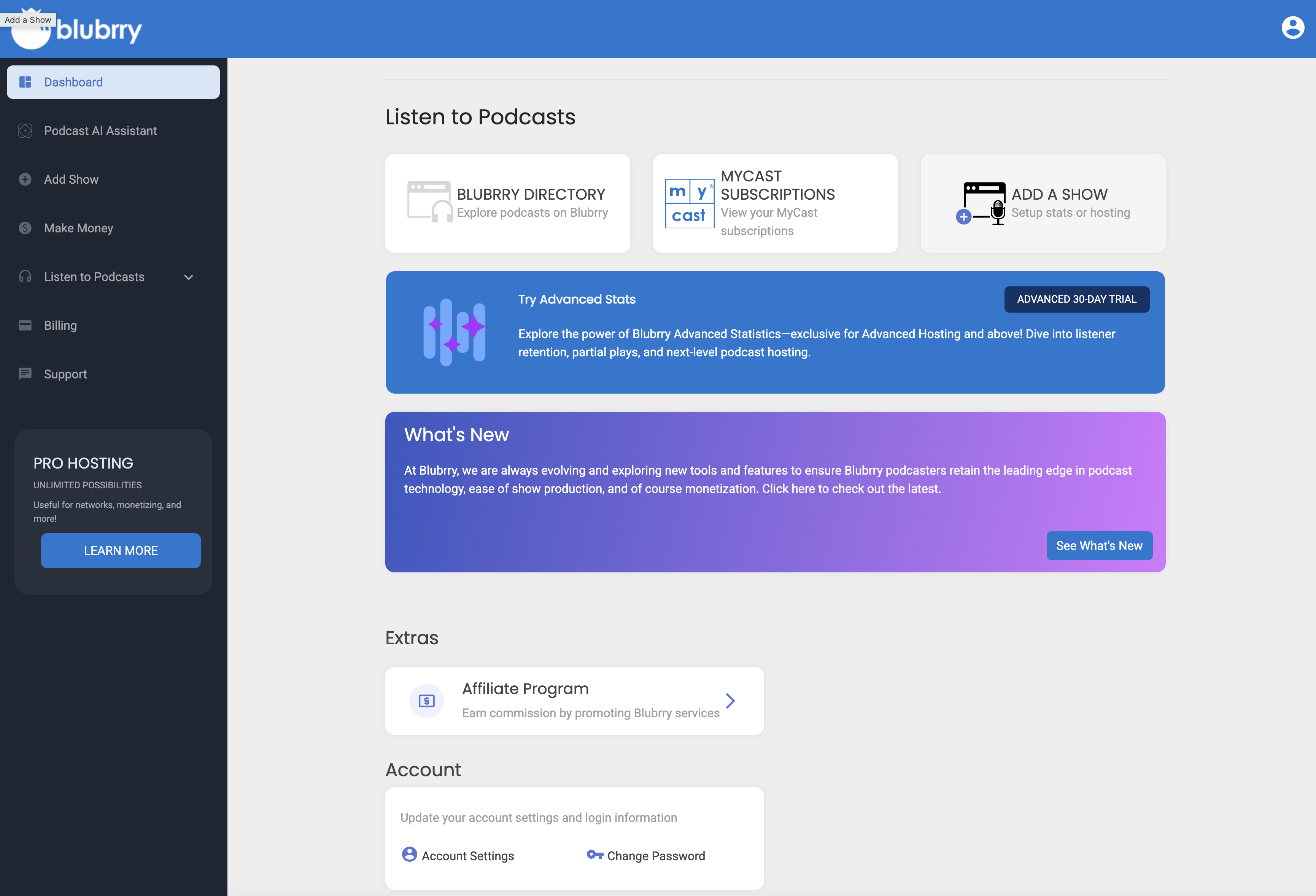 The Blubrry dashboard