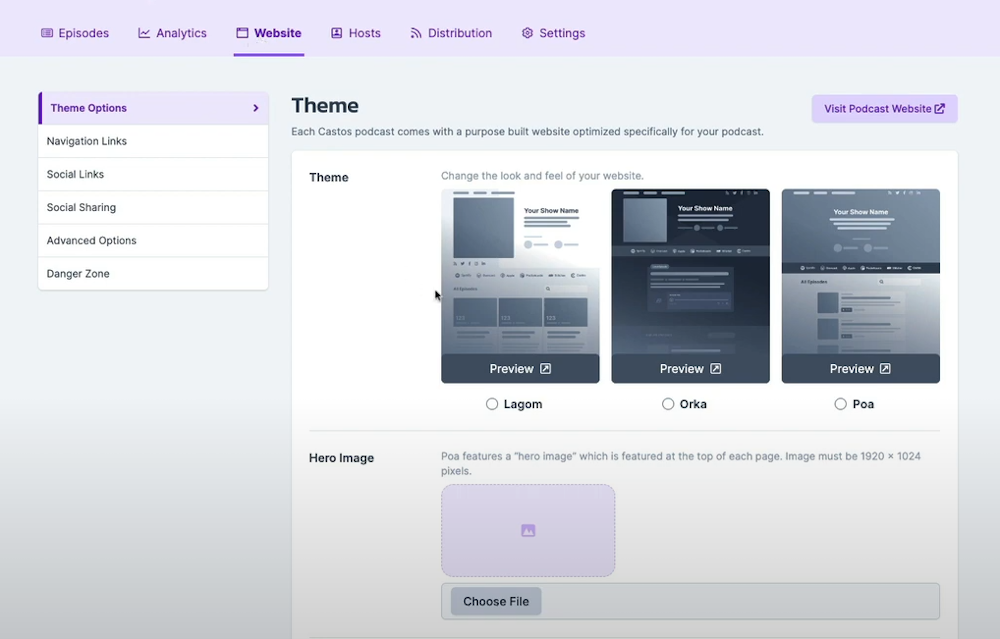 Castos's built-in podcast website themes
