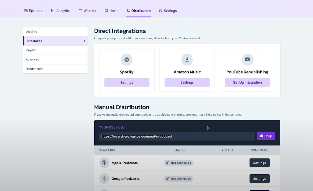 Castos's direct integrations, including YouTube republishing