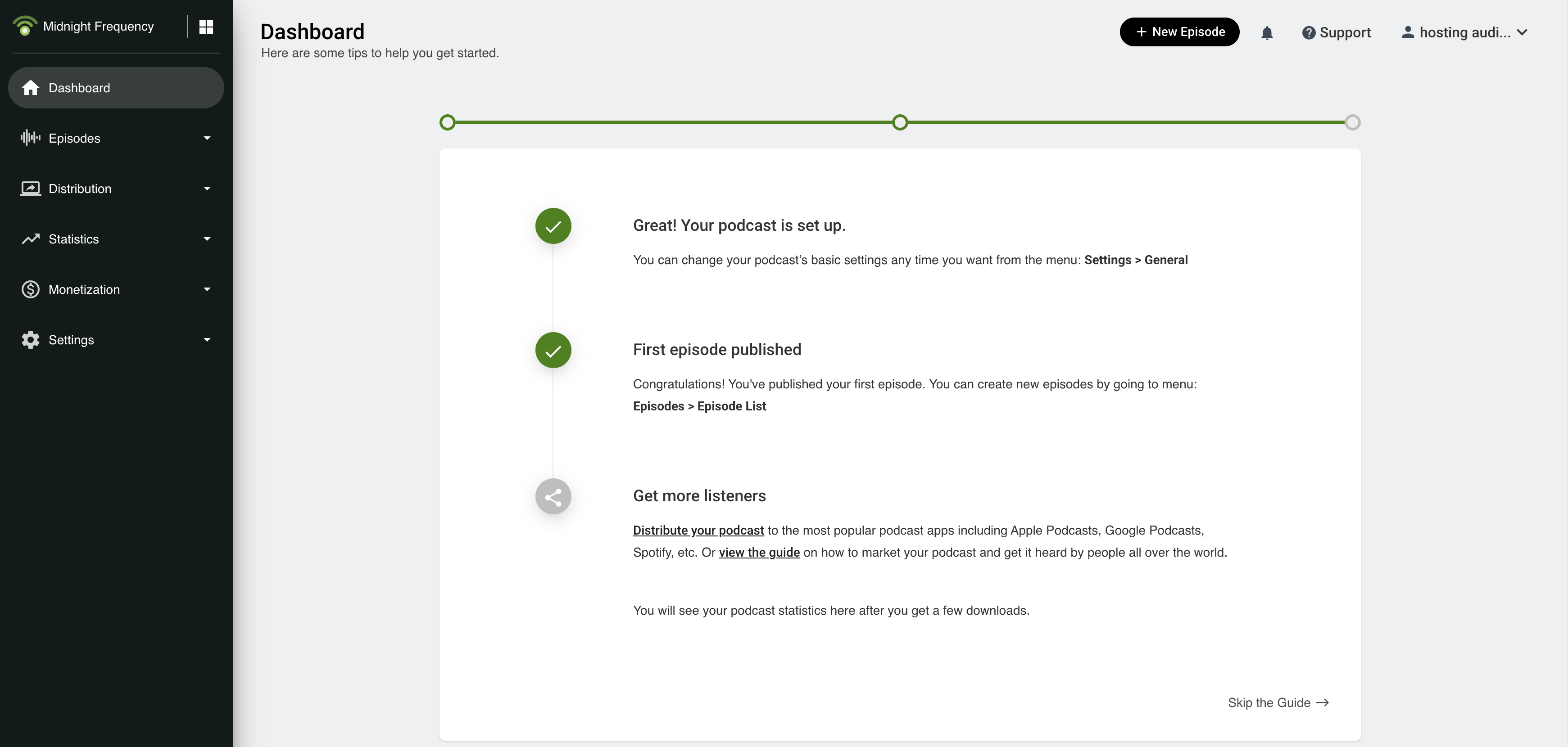 Podbean's getting-started dashboard