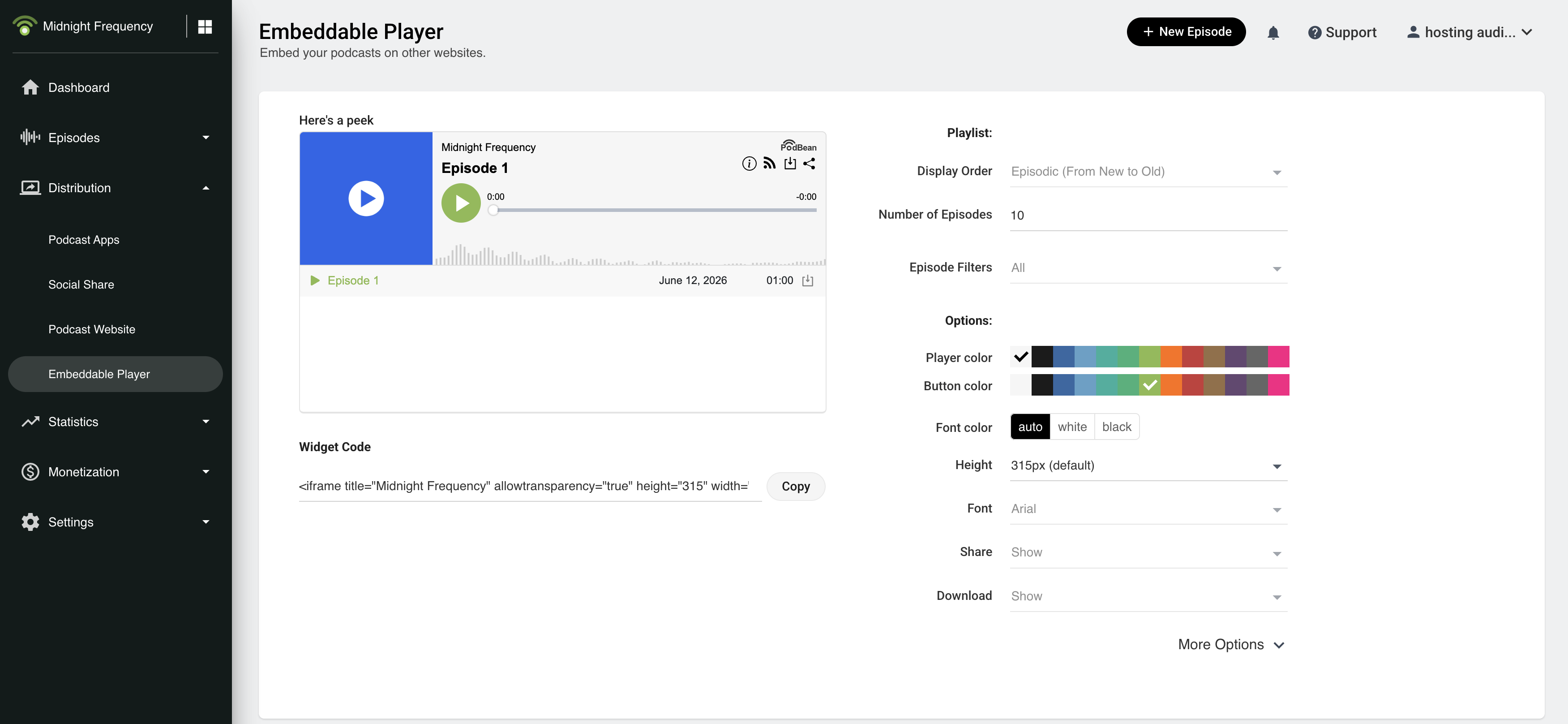 Customizing Podbean's embeddable player