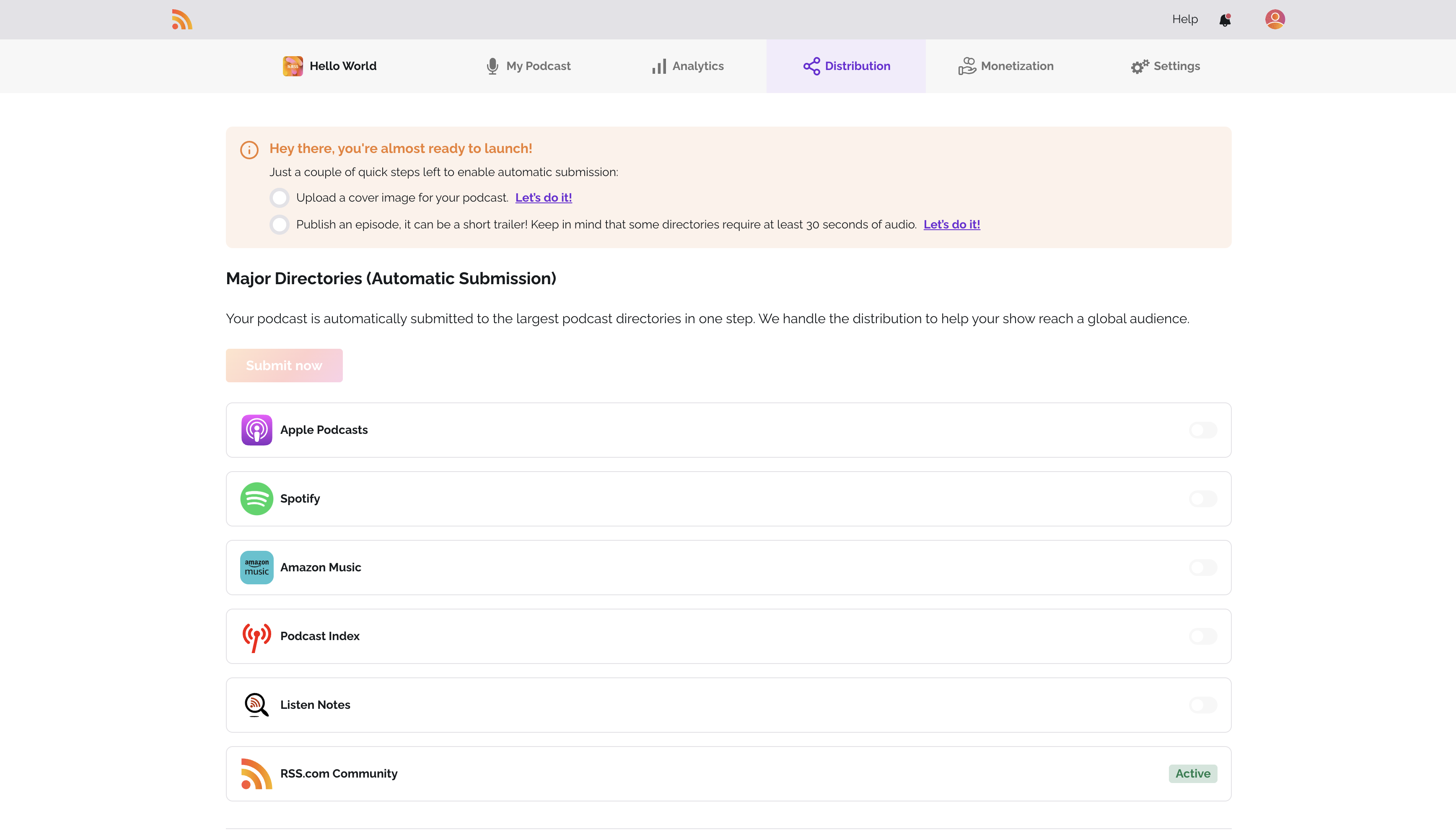RSS.com's automatic distribution to major directories