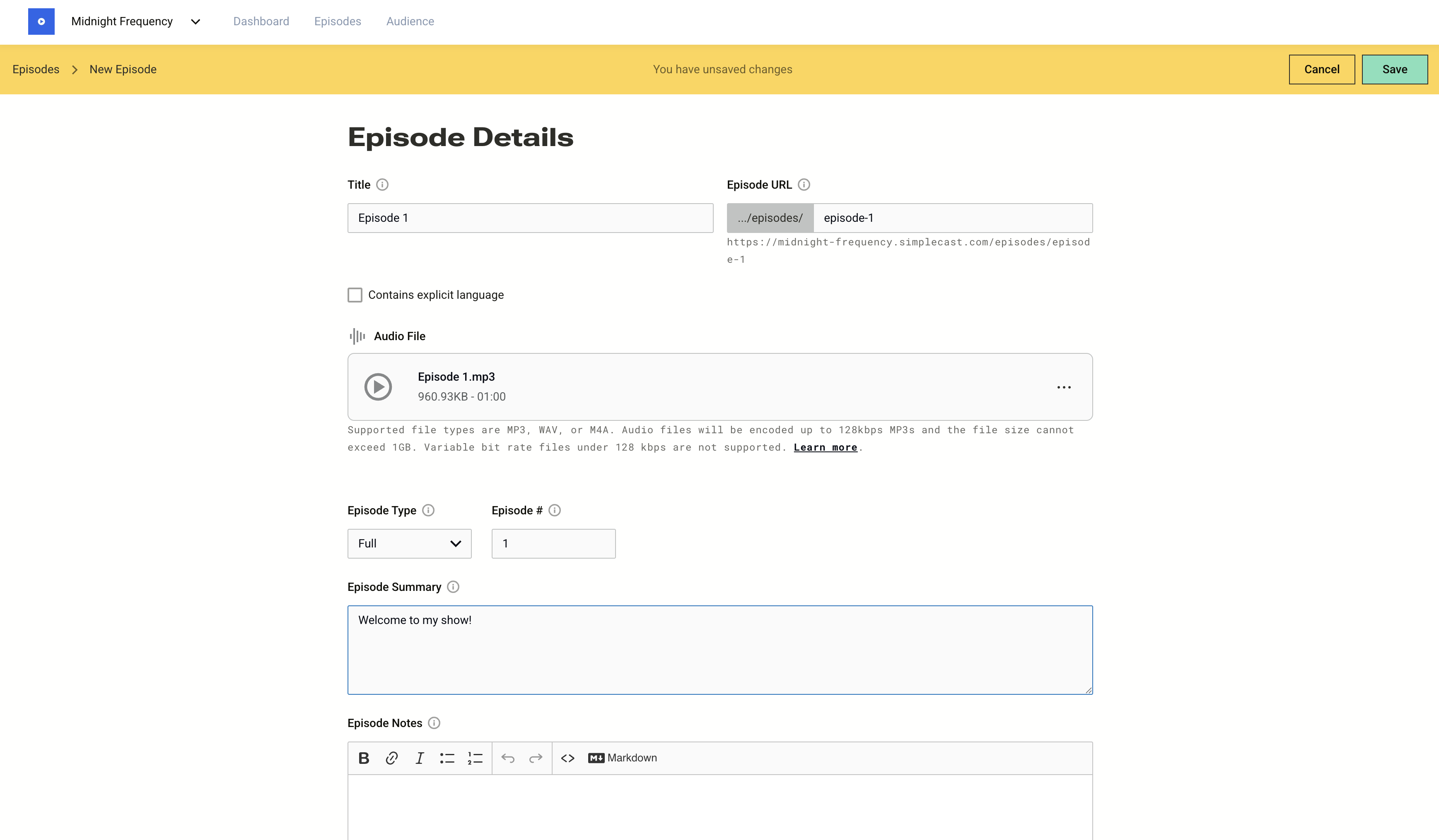 Publishing an episode in Simplecast