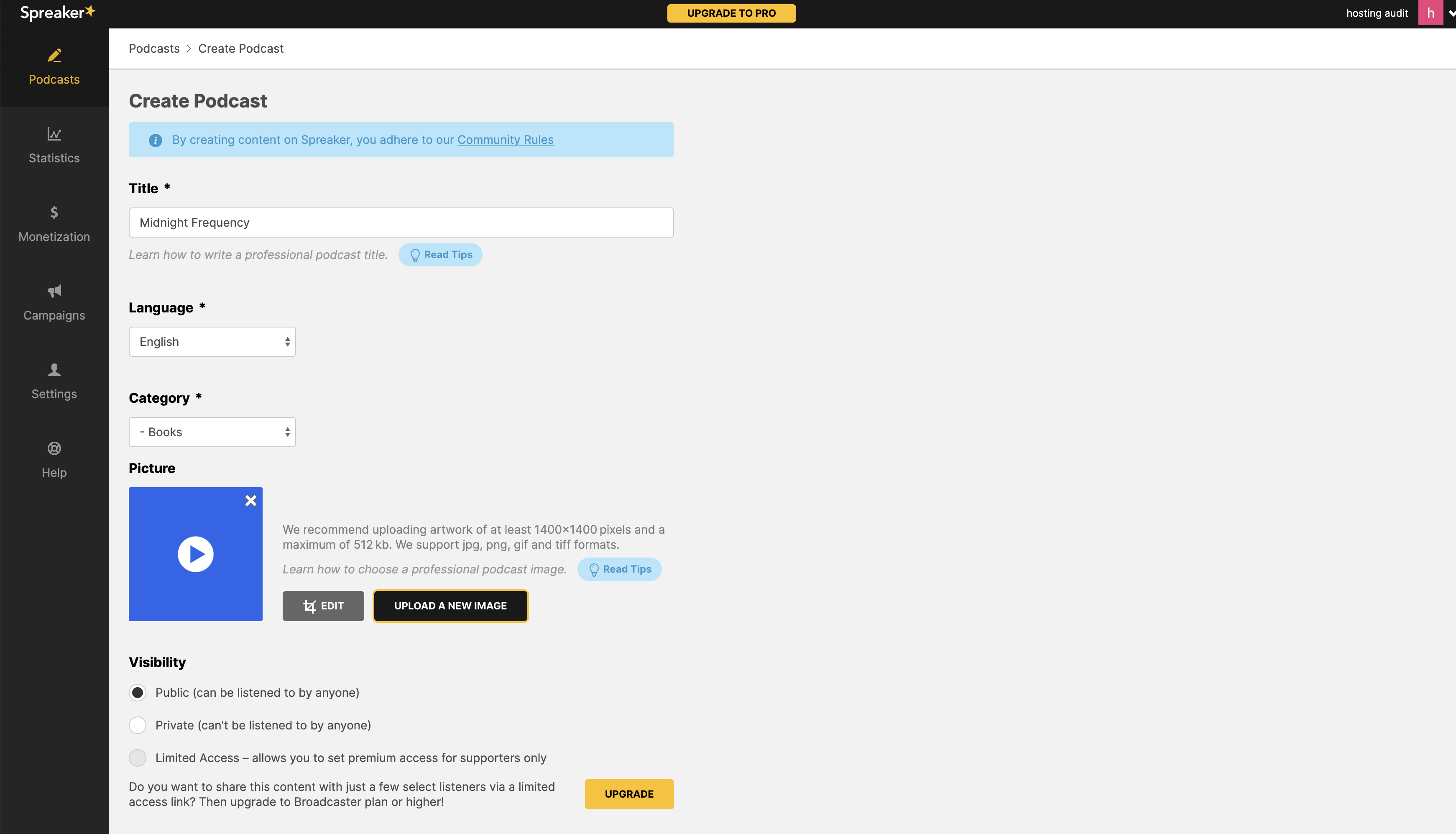 Creating a podcast on Spreaker