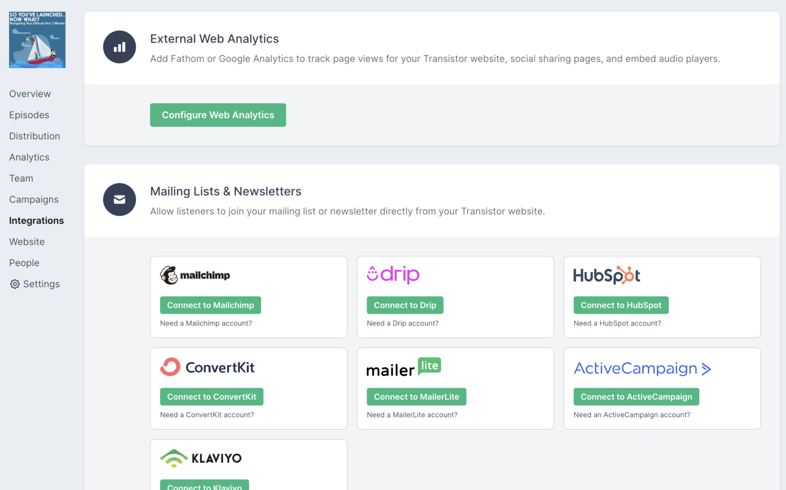 Transistor's email and analytics integrations